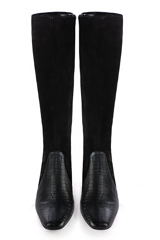 Satin black women's feminine knee-high boots. Square toe. Medium block heels. Made to measure. Top view - Florence KOOIJMAN